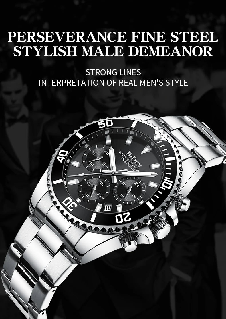BIDEN Men's sports watch, chronograph, waterproof date simulation quartz watch, men's business watch